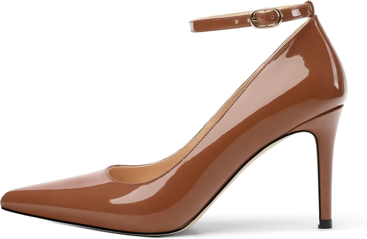 Women's Pumps Pointed Toe Ankle Strap Slip On Patent Leather Stiletto High Heels Office Wedding Dress Shoes 3.35 Inch