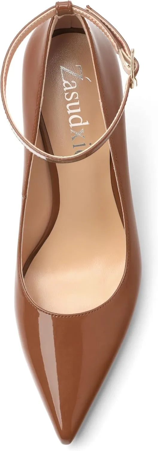 Women's Pumps Pointed Toe Ankle Strap Slip On Patent Leather Stiletto High Heels Office Wedding Dress Shoes 3.35 Inch