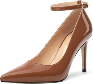 Women's Pumps Pointed Toe Ankle Strap Slip On Patent Leather Stiletto High Heels Office Wedding Dress Shoes 3.35 Inch