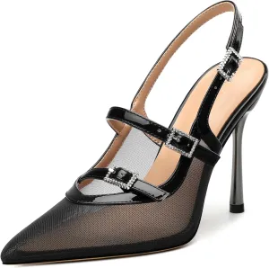 Womens Slingback Stilettos Pointed Toe Patent Porosity Mesh Pumps Closed Slip on Ankle strap Heeled sandals Party Work Dress Shoes 3.5 Inch