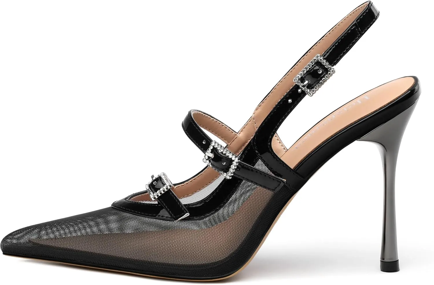 Womens Slingback Stilettos Pointed Toe Patent Porosity Mesh Pumps Closed Slip on Ankle strap Heeled sandals Party Work Dress Shoes 3.5 Inch