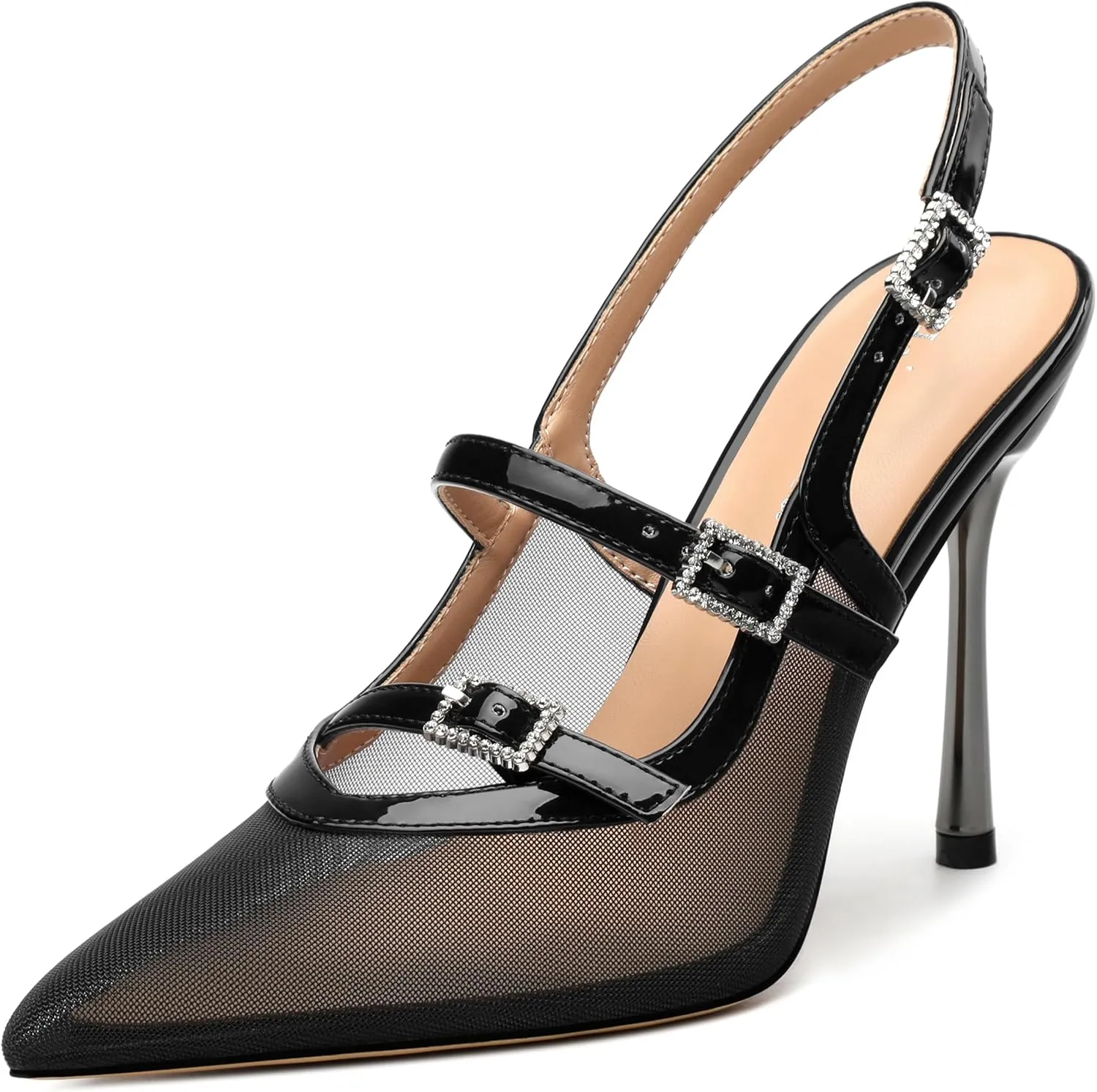 Womens Slingback Stilettos Pointed Toe Patent Porosity Mesh Pumps Closed Slip on Ankle strap Heeled sandals Party Work Dress Shoes 3.5 Inch