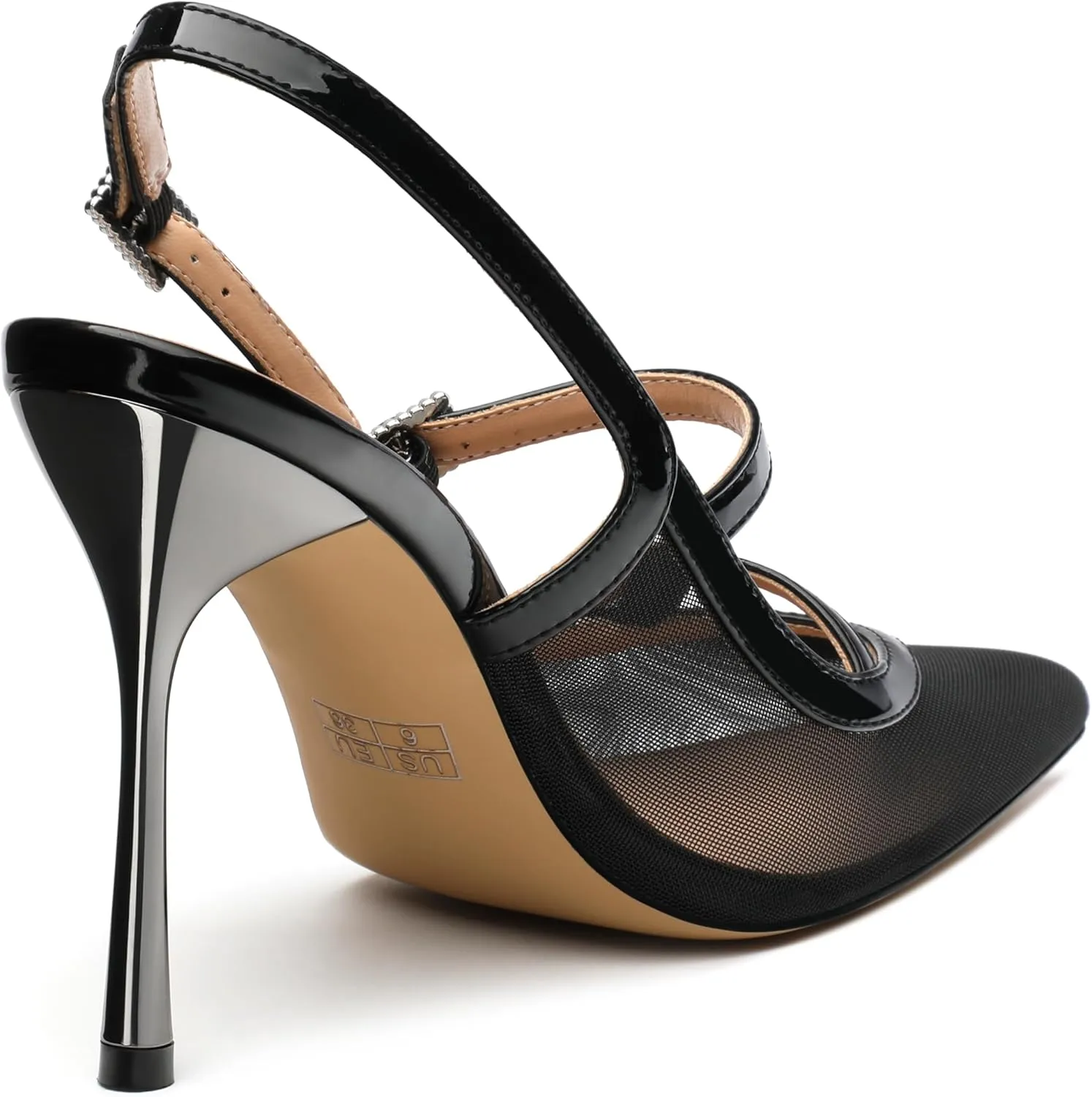 Womens Slingback Stilettos Pointed Toe Patent Porosity Mesh Pumps Closed Slip on Ankle strap Heeled sandals Party Work Dress Shoes 3.5 Inch
