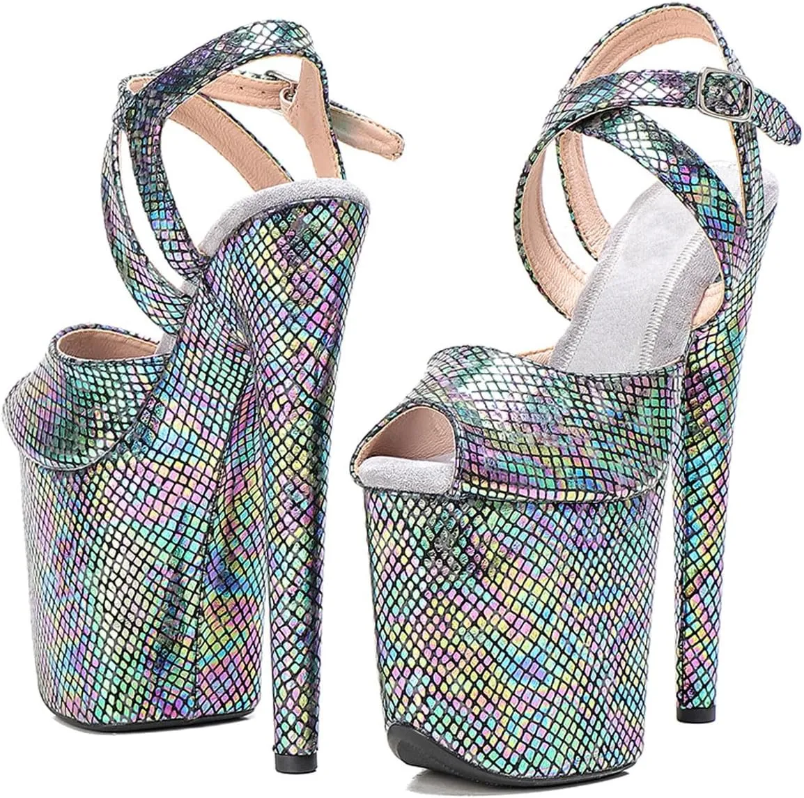 WUXIN H&P Women's Exotic High Heel Sandal 8 Inch Platform Round Toe Snake Print Holographic Fashion Model Sexy Stiletto Custom Pole Dance Ankle-Strap Dress shoes