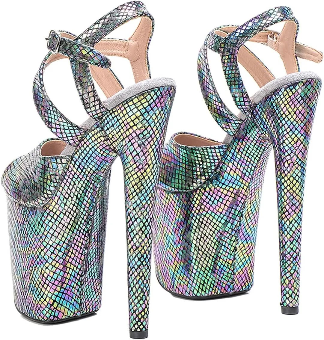WUXIN H&P Women's Exotic High Heel Sandal 8 Inch Platform Round Toe Snake Print Holographic Fashion Model Sexy Stiletto Custom Pole Dance Ankle-Strap Dress shoes