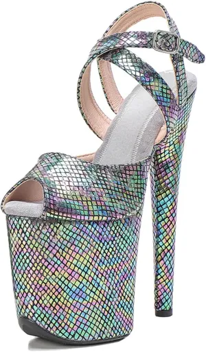 WUXIN H&P Women's Exotic High Heel Sandal 8 Inch Platform Round Toe Snake Print Holographic Fashion Model Sexy Stiletto Custom Pole Dance Ankle-Strap Dress shoes
