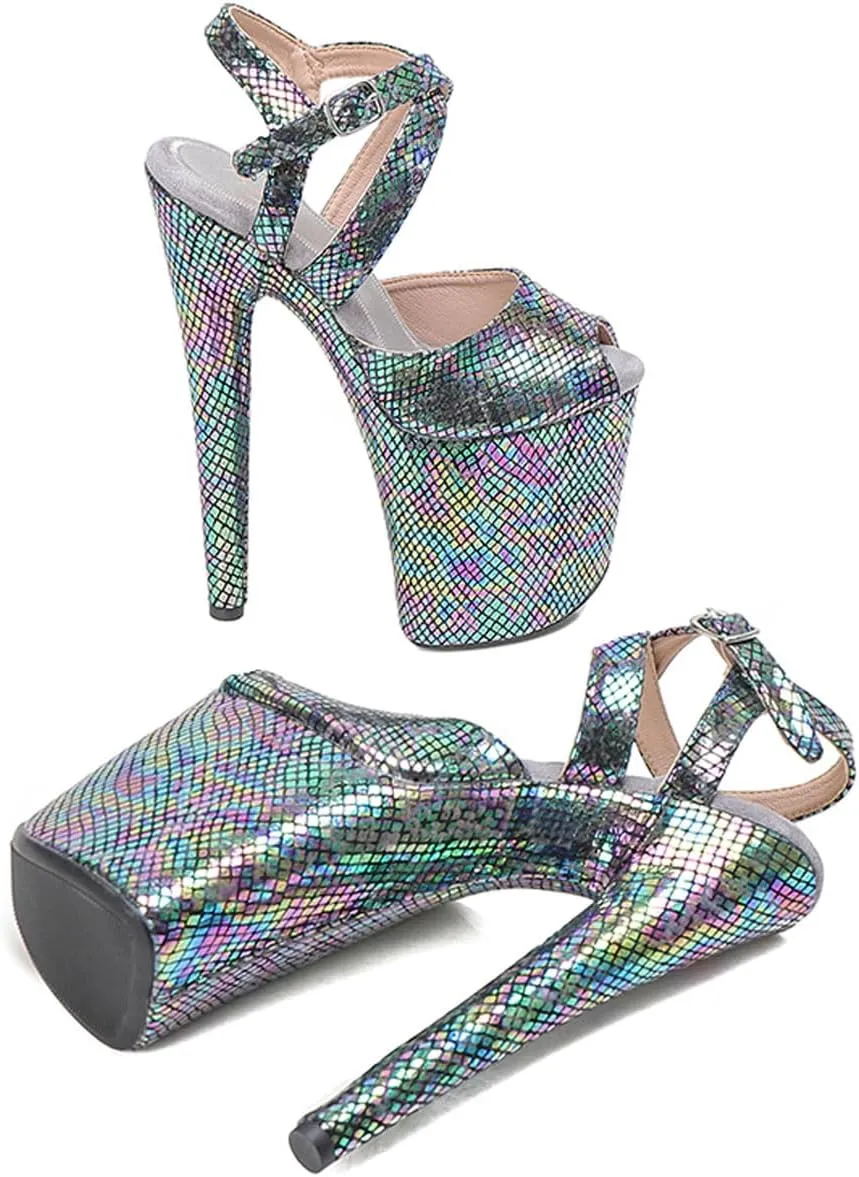 WUXIN H&P Women's Exotic High Heel Sandal 8 Inch Platform Round Toe Snake Print Holographic Fashion Model Sexy Stiletto Custom Pole Dance Ankle-Strap Dress shoes