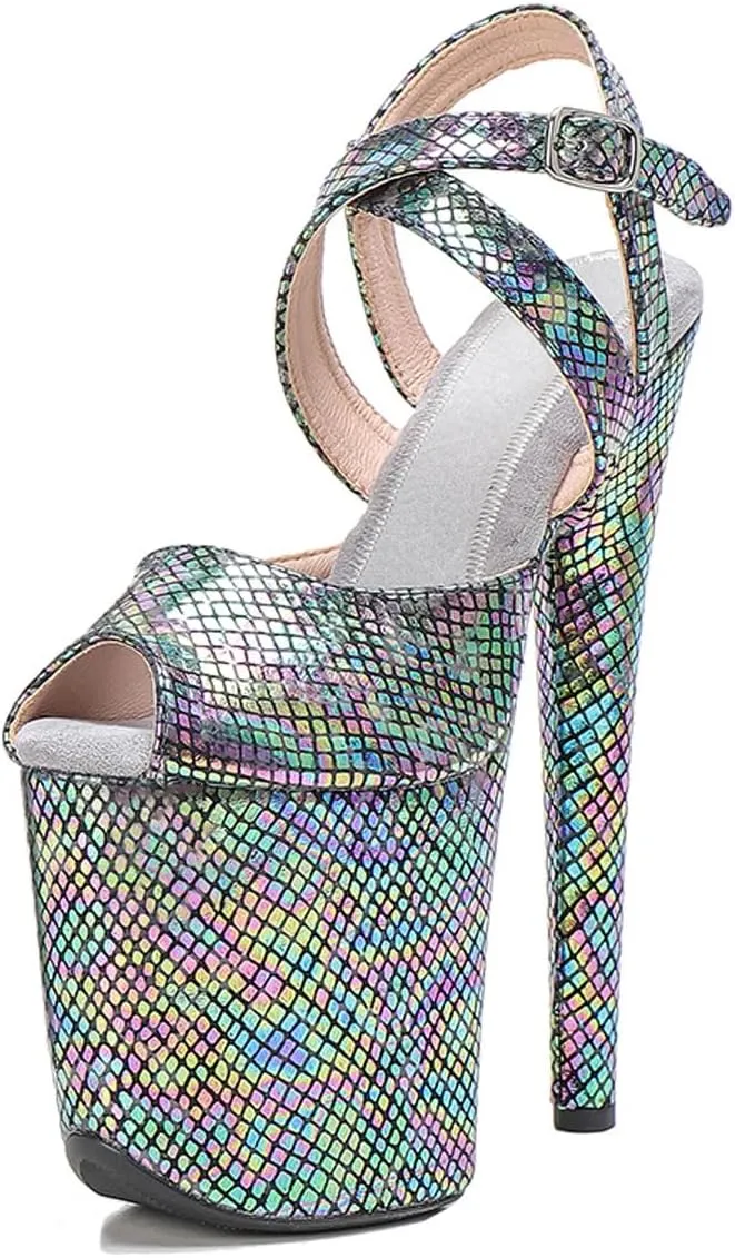 WUXIN H&P Women's Exotic High Heel Sandal 8 Inch Platform Round Toe Snake Print Holographic Fashion Model Sexy Stiletto Custom Pole Dance Ankle-Strap Dress shoes