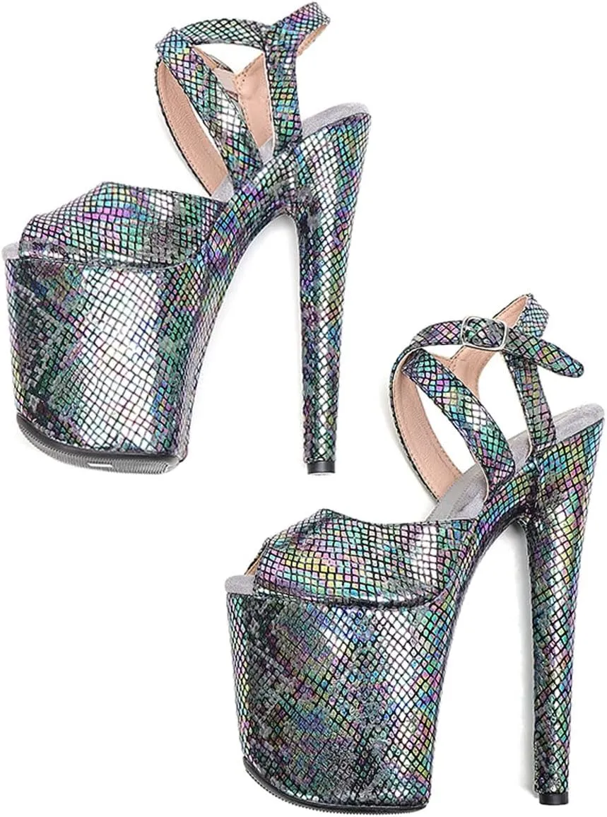 WUXIN H&P Women's Exotic High Heel Sandal 8 Inch Platform Round Toe Snake Print Holographic Fashion Model Sexy Stiletto Custom Pole Dance Ankle-Strap Dress shoes