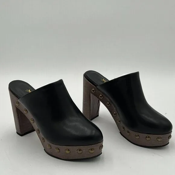 XYD Black Cork Platform Super High Heels Mule Chunky Studded Round Toe Sandals