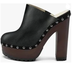 XYD Black Cork Platform Super High Heels Mule Chunky Studded Round Toe Sandals