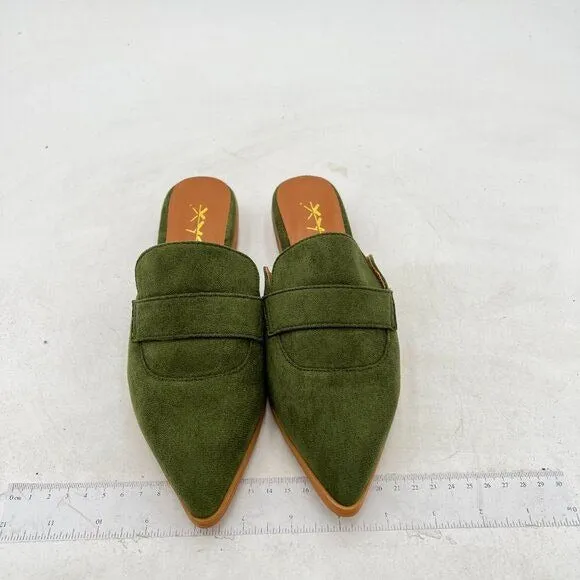 XYD Green Suede Retro Pointed Toe Mule Backless Dress Sandal Walking Shoes