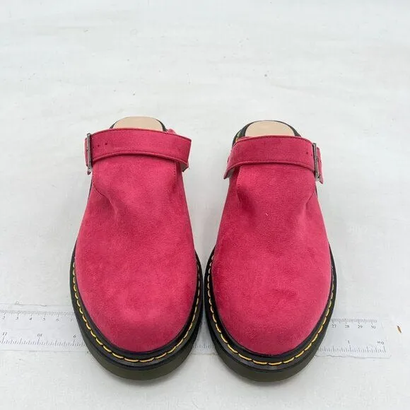 XYD Hot Pink Chunky Heel Slip On Mule Round Toe Backless Decor Buckle Strap Shoe