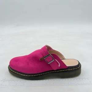 XYD Hot Pink Chunky Heel Slip On Mule Round Toe Backless Decor Buckle Strap Shoe