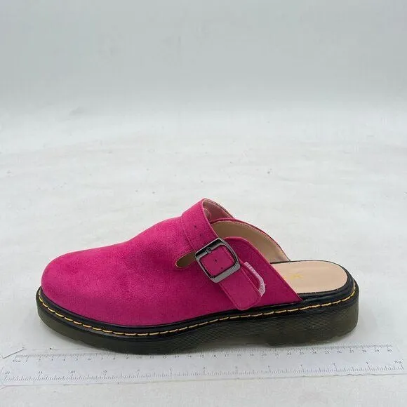 XYD Hot Pink Chunky Heel Slip On Mule Round Toe Backless Decor Buckle Strap Shoe
