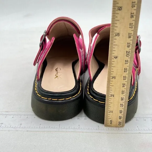 XYD Hot Pink Chunky Heel Slip On Mule Round Toe Backless Decor Buckle Strap Shoe