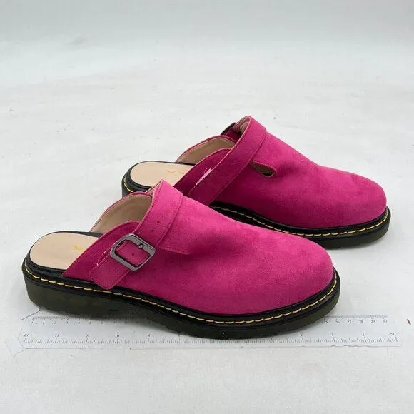 XYD Hot Pink Chunky Heel Slip On Mule Round Toe Backless Decor Buckle Strap Shoe