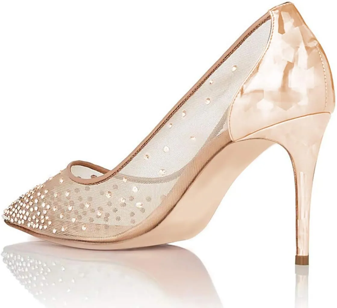 XYD Rhinestones Studded Stiletto High Heels Mesh Pumps for Women Slip On Pointed Toe Evening Wedding Dress Shoes