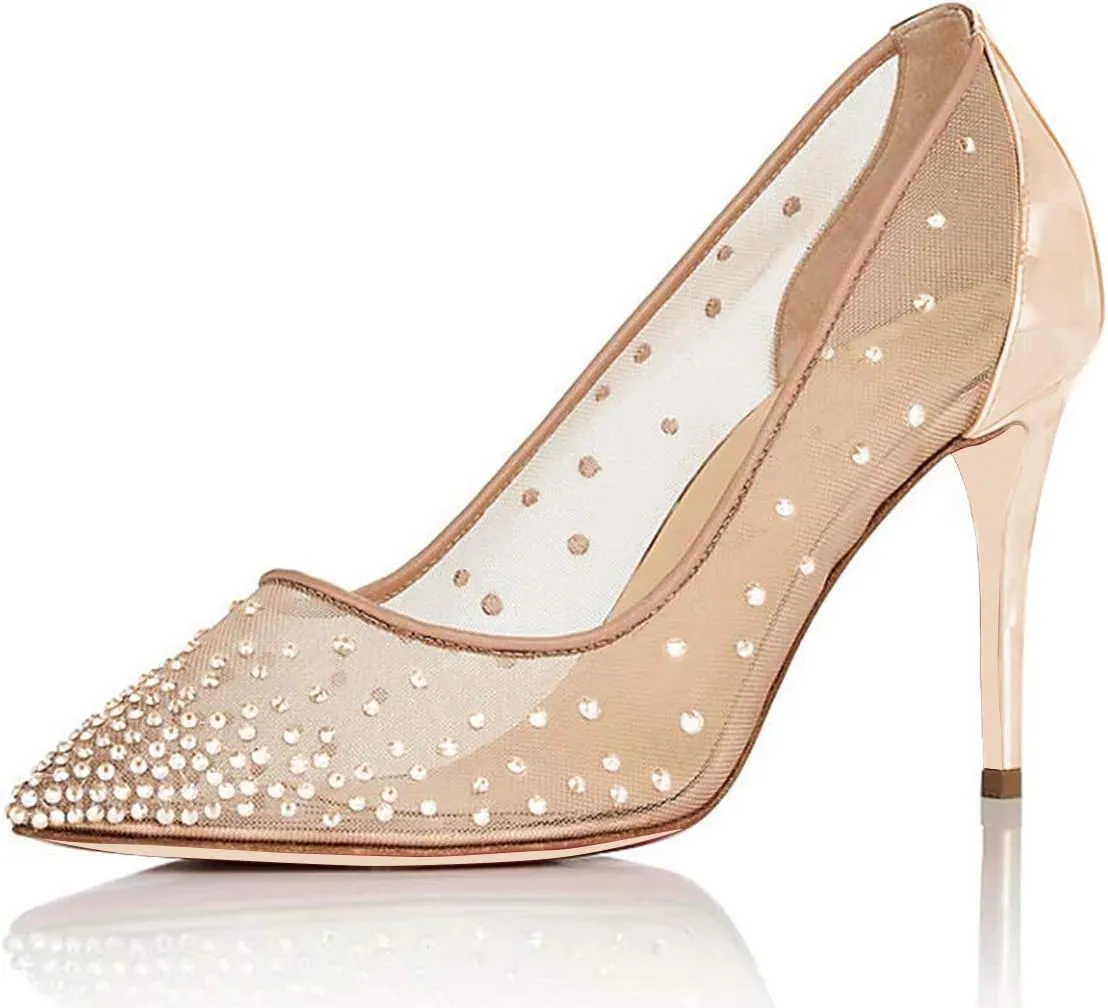 XYD Rhinestones Studded Stiletto High Heels Mesh Pumps for Women Slip On Pointed Toe Evening Wedding Dress Shoes
