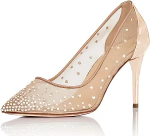 XYD Rhinestones Studded Stiletto High Heels Mesh Pumps for Women Slip On Pointed Toe Evening Wedding Dress Shoes