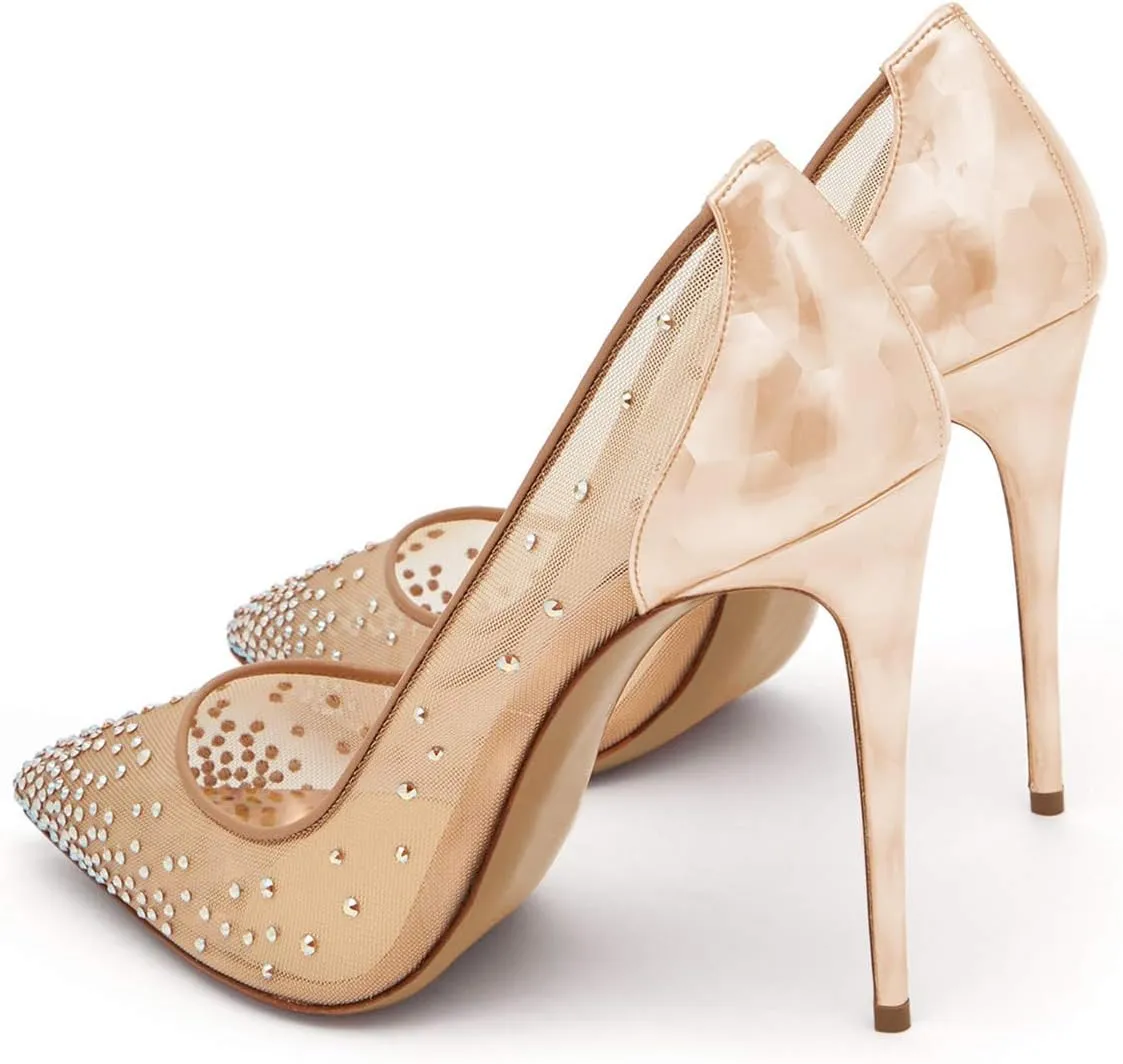 XYD Rhinestones Studded Stiletto High Heels Mesh Pumps for Women Slip On Pointed Toe Evening Wedding Dress Shoes