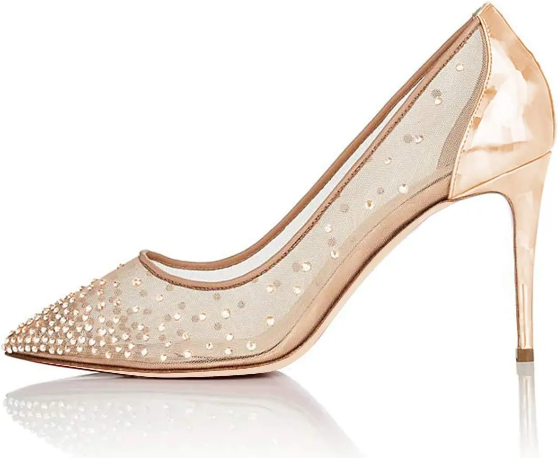 XYD Rhinestones Studded Stiletto High Heels Mesh Pumps for Women Slip On Pointed Toe Evening Wedding Dress Shoes