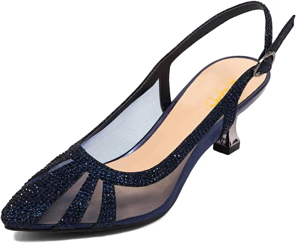 XYD Women Bridal Slingback Heels Pumps Closed Pointed Toe Slip On Mesh Rhinestone Studs Low Heels Wedding Evening Party Shoes