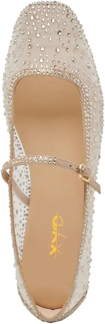 XYD Women Dazzled Crystals Ballet Flats Square Toe Strap with Buckled Mary Jane Dating Dress Shoes