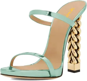 XYD Women Double Straps Slides Sandals Open Toe Golden Block Heel Platform Backless Mules Pumps for Lady Party Evening