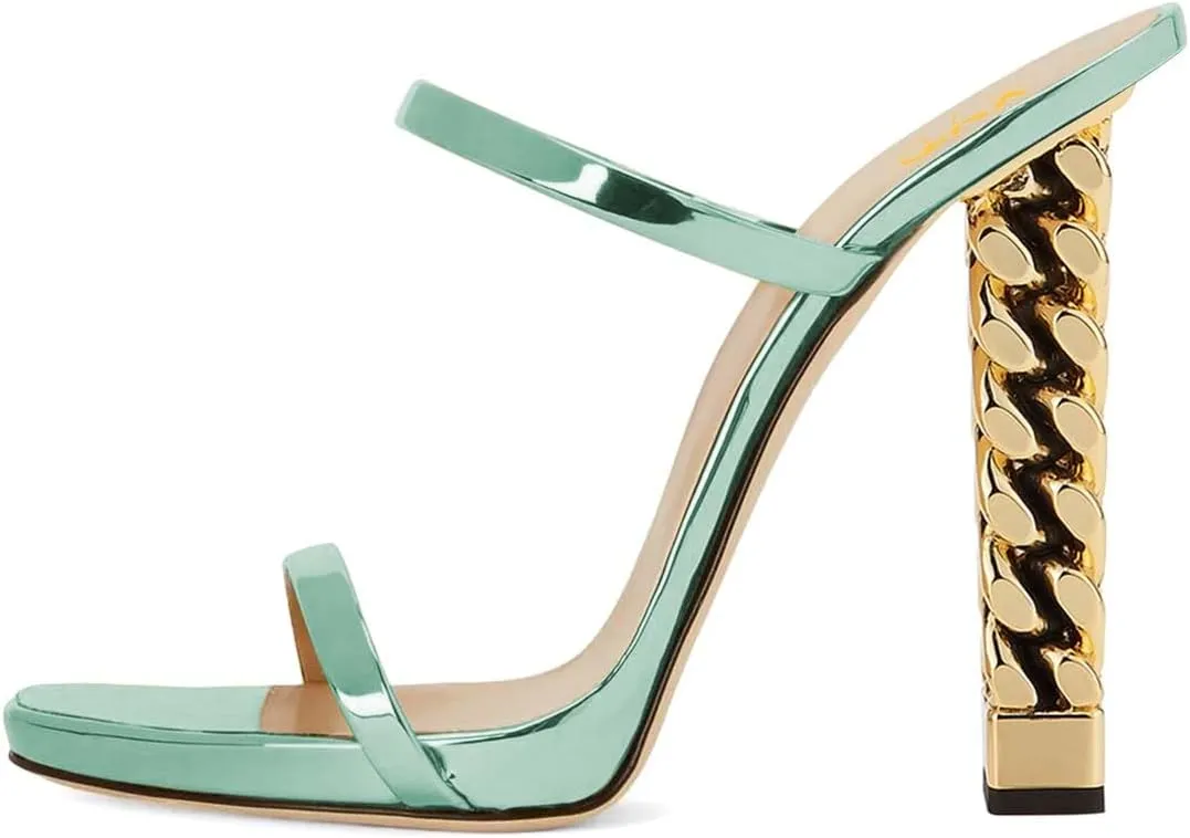 XYD Women Double Straps Slides Sandals Open Toe Golden Block Heel Platform Backless Mules Pumps for Lady Party Evening