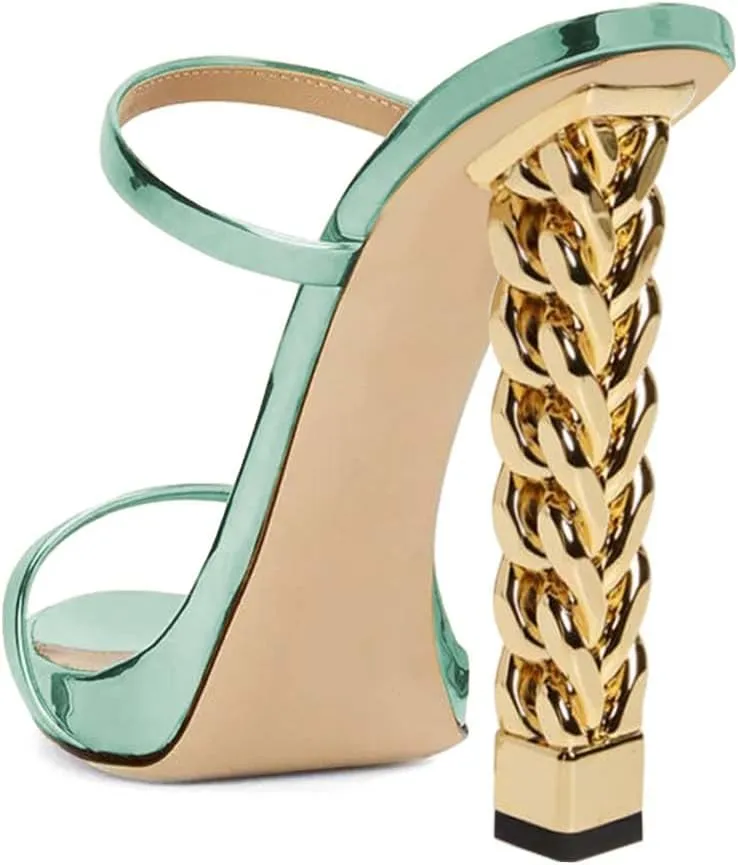 XYD Women Double Straps Slides Sandals Open Toe Golden Block Heel Platform Backless Mules Pumps for Lady Party Evening