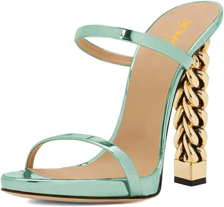 XYD Women Double Straps Slides Sandals Open Toe Golden Block Heel Platform Backless Mules Pumps for Lady Party Evening