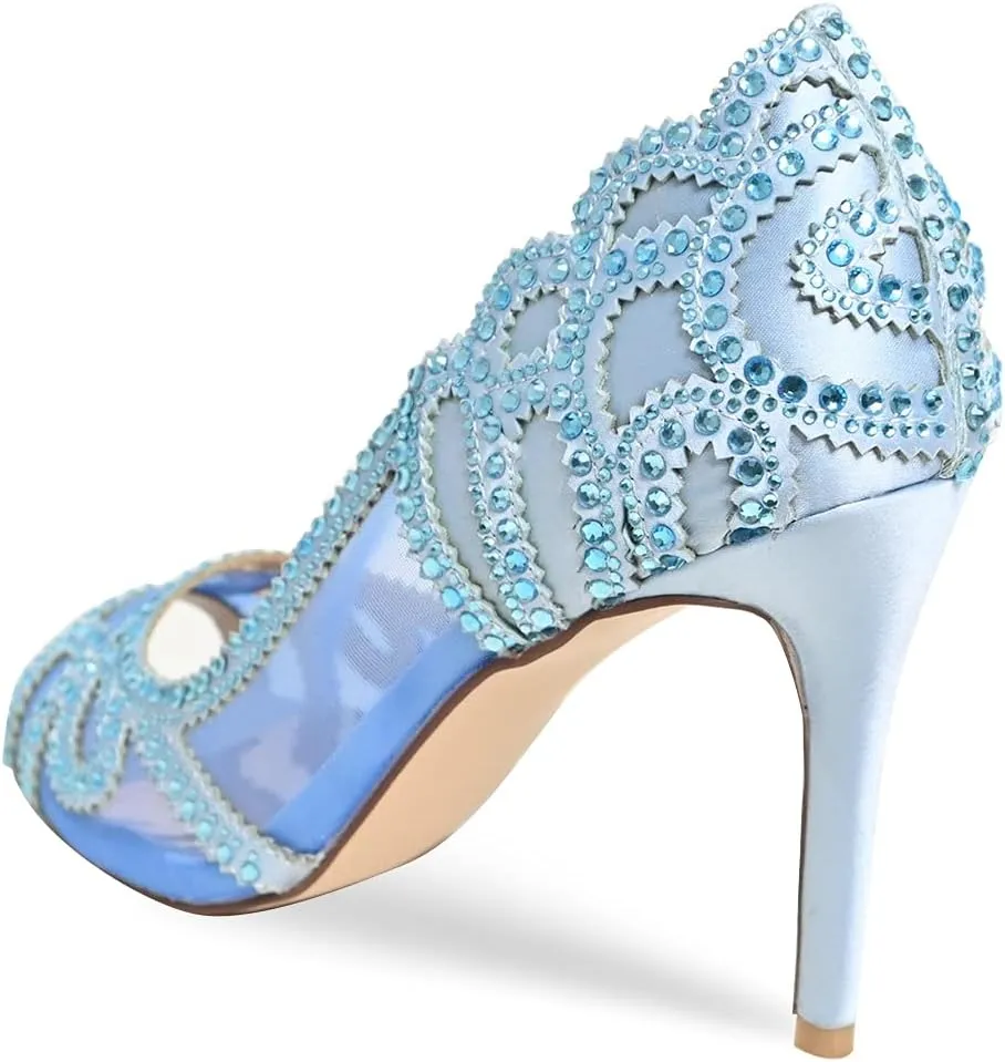 XYD Women Graceful Peep Toe Half D'Orsay Mesh Pumps Crystal Studded Slip On High Heels Wedding Bride Dress Shoes