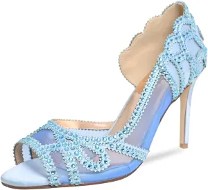 XYD Women Graceful Peep Toe Half D'Orsay Mesh Pumps Crystal Studded Slip On High Heels Wedding Bride Dress Shoes