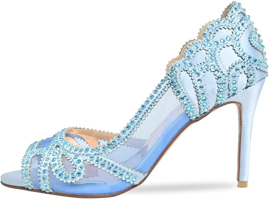 XYD Women Graceful Peep Toe Half D'Orsay Mesh Pumps Crystal Studded Slip On High Heels Wedding Bride Dress Shoes