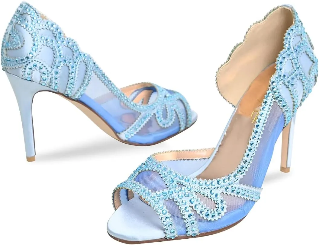 XYD Women Graceful Peep Toe Half D'Orsay Mesh Pumps Crystal Studded Slip On High Heels Wedding Bride Dress Shoes