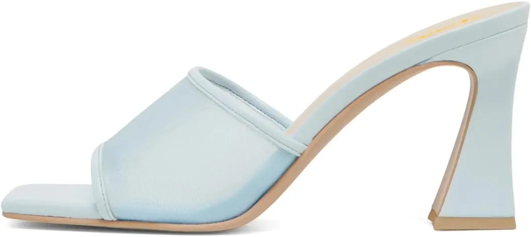 XYD Women Mesh Mules Square Open Toe High Heels Block Sandals Slip-on Spring Summer Comfy Dress Shoes