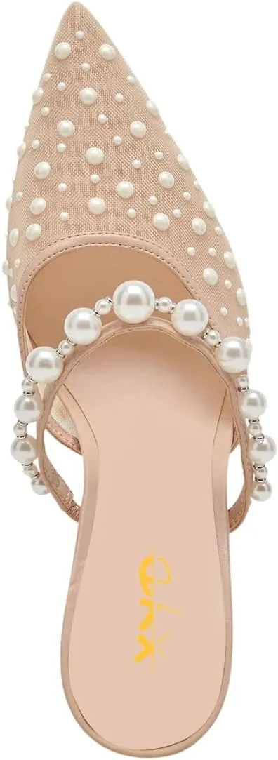 XYD Women Pearl Heeled Mules Elegant Mesh Pointed Closed Toe Bride Sandals Slip On Backless Wedding Party Shoes
