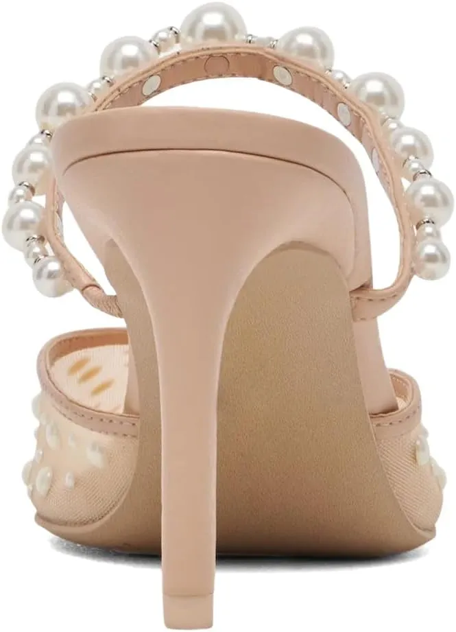 XYD Women Pearl Heeled Mules Elegant Mesh Pointed Closed Toe Bride Sandals Slip On Backless Wedding Party Shoes