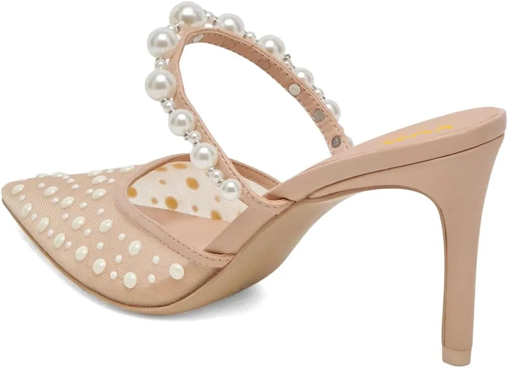 XYD Women Pearl Heeled Mules Elegant Mesh Pointed Closed Toe Bride Sandals Slip On Backless Wedding Party Shoes
