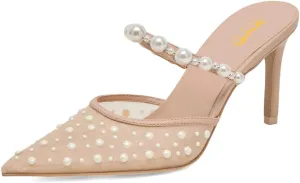 XYD Women Pearl Heeled Mules Elegant Mesh Pointed Closed Toe Bride Sandals Slip On Backless Wedding Party Shoes