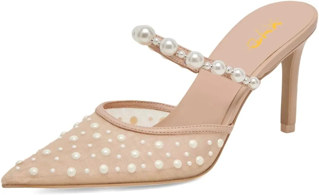 XYD Women Pearl Heeled Mules Elegant Mesh Pointed Closed Toe Bride Sandals Slip On Backless Wedding Party Shoes