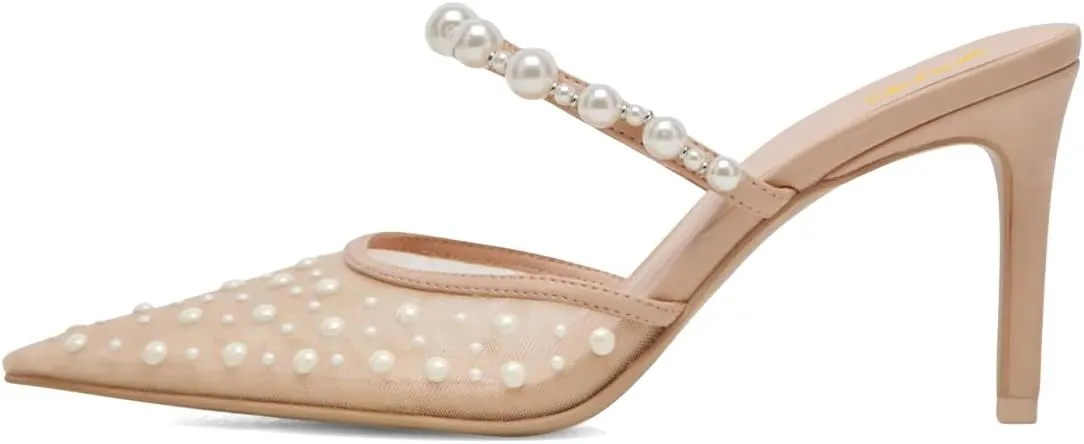 XYD Women Pearl Heeled Mules Elegant Mesh Pointed Closed Toe Bride Sandals Slip On Backless Wedding Party Shoes