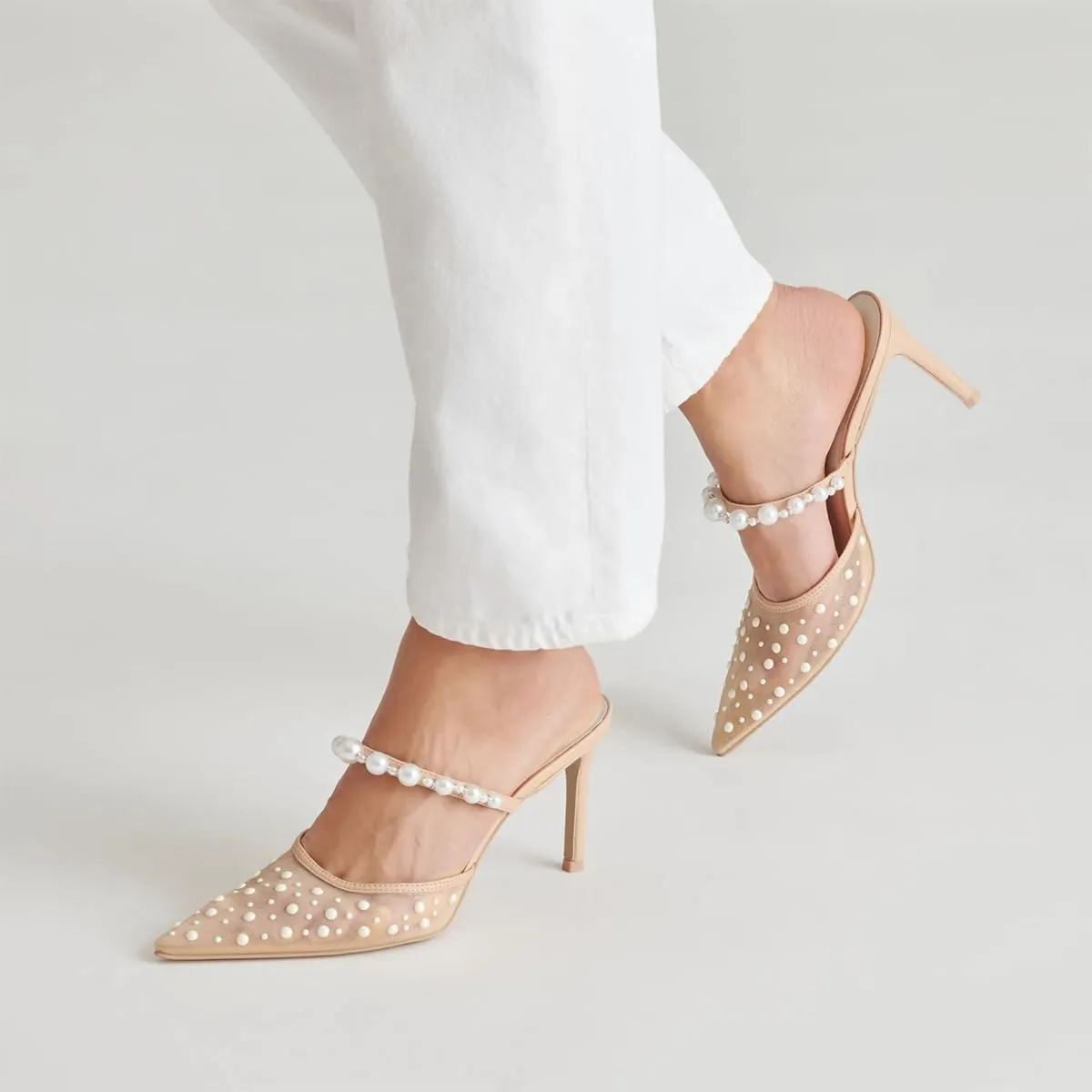 XYD Women Pearl Heeled Mules Elegant Mesh Pointed Closed Toe Bride Sandals Slip On Backless Wedding Party Shoes