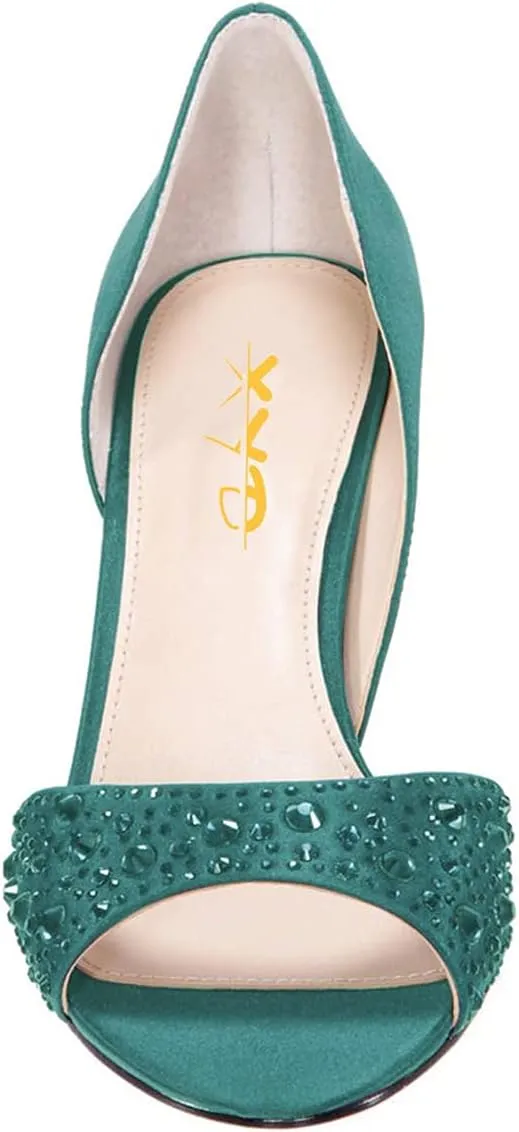 XYD Women Peep Toe Rhinestones Crystals D'Orsay Sandals Sexy Kitten Mid Heel Slip On Evening Wedding Party Graceful Satin Shoes