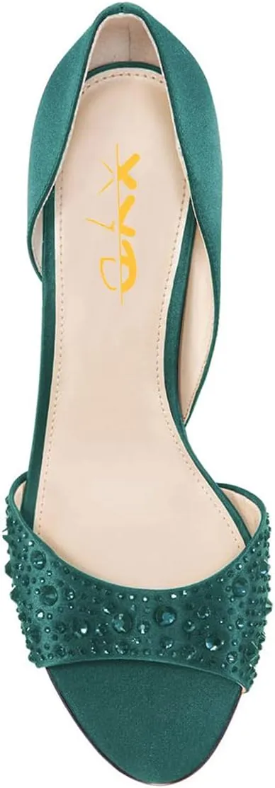 XYD Women Peep Toe Rhinestones Crystals D'Orsay Sandals Sexy Kitten Mid Heel Slip On Evening Wedding Party Graceful Satin Shoes
