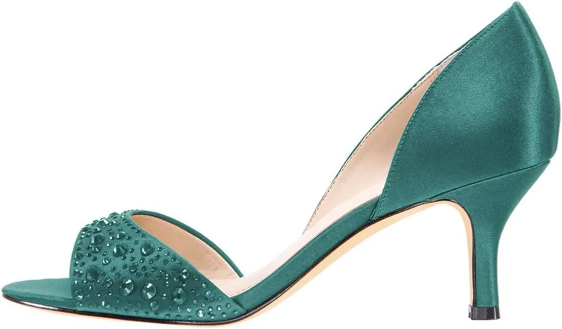 XYD Women Peep Toe Rhinestones Crystals D'Orsay Sandals Sexy Kitten Mid Heel Slip On Evening Wedding Party Graceful Satin Shoes
