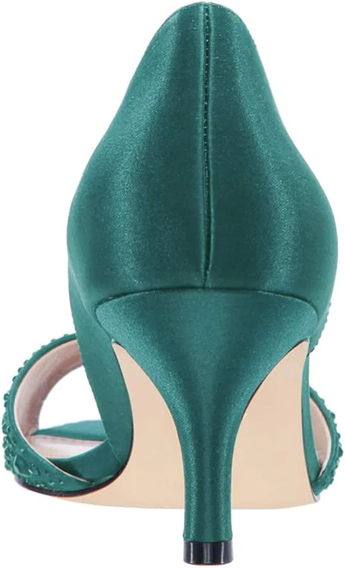 XYD Women Peep Toe Rhinestones Crystals D'Orsay Sandals Sexy Kitten Mid Heel Slip On Evening Wedding Party Graceful Satin Shoes