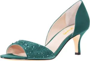 XYD Women Peep Toe Rhinestones Crystals D'Orsay Sandals Sexy Kitten Mid Heel Slip On Evening Wedding Party Graceful Satin Shoes
