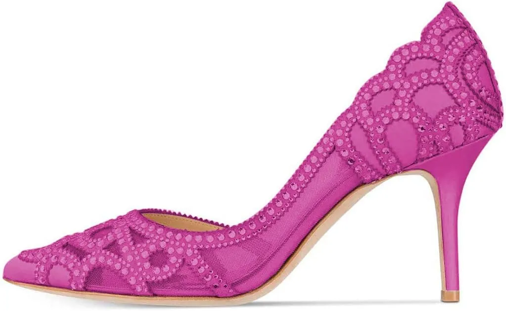 XYD Women Pointy Toe Crystal Studded Bridal Pumps High Heel Slip On D'Orsay Mesh Rhinestone Wedding Dress Shoes